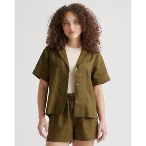 Quince Women's 100% European Linen Short Sleeve Shirt Martini Olive Green  XS